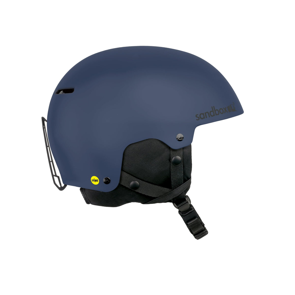 Light blue snow helmet with chin strap and side safety vent, matte finish.