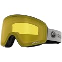 Snow goggles with yellow lens and gray strap, black foam edge