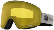 Snow goggles with yellow mirrored lens and light gray strap, black face foam