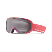 Giro ski goggles with berry pink frame, tinted gray lens, and padded strap