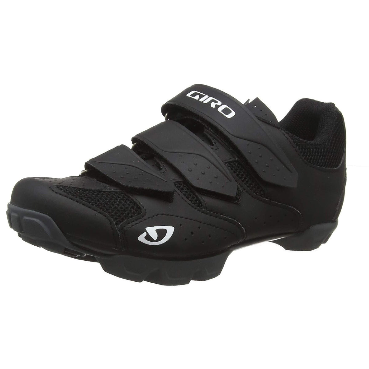 Black cycling shoe with two hook-and-loop straps and ventilated mesh