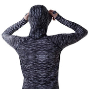 Women’s hooded base layer top, heather knit texture, long sleeves, hood up