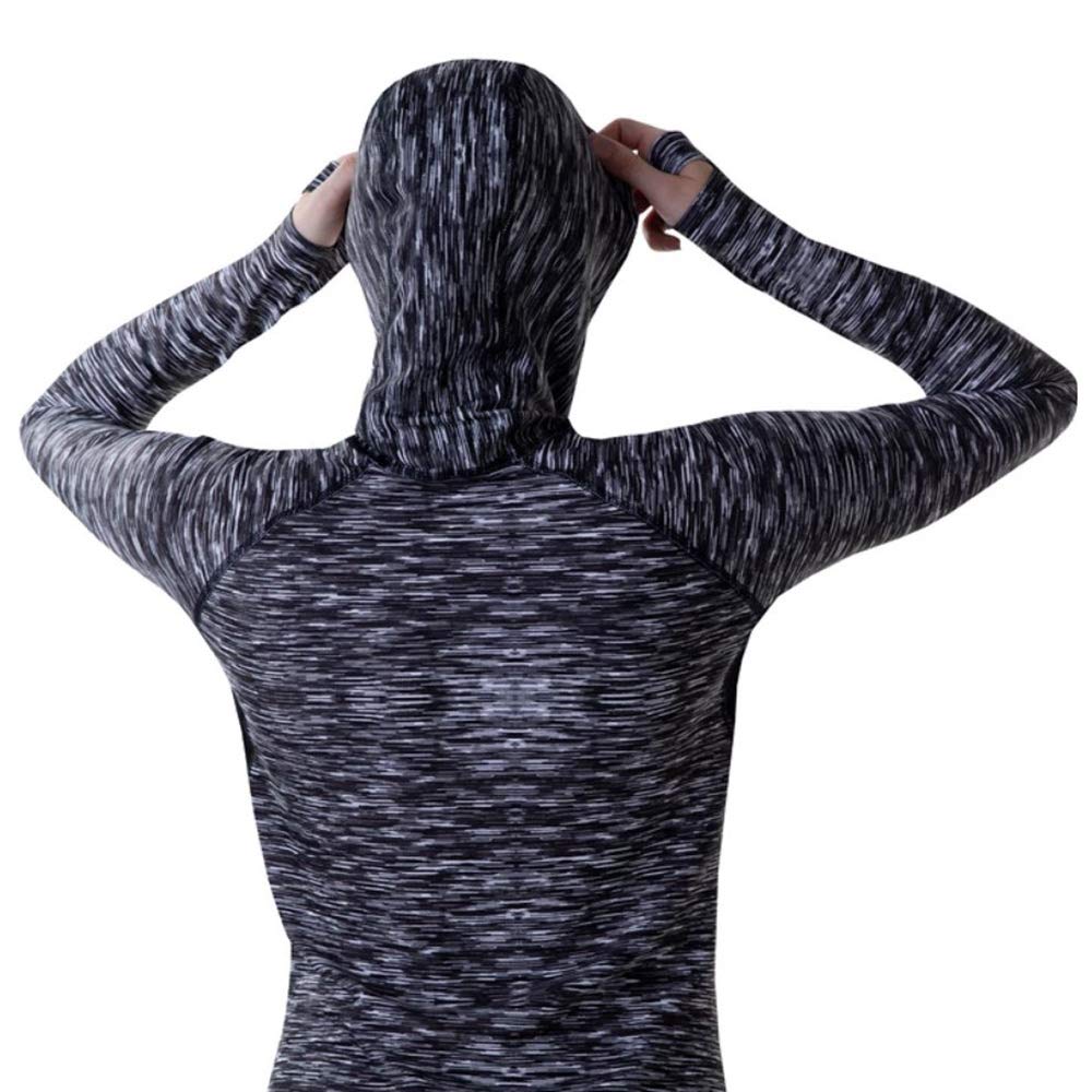 Women’s hooded base layer top, heather knit texture, long sleeves, hood up