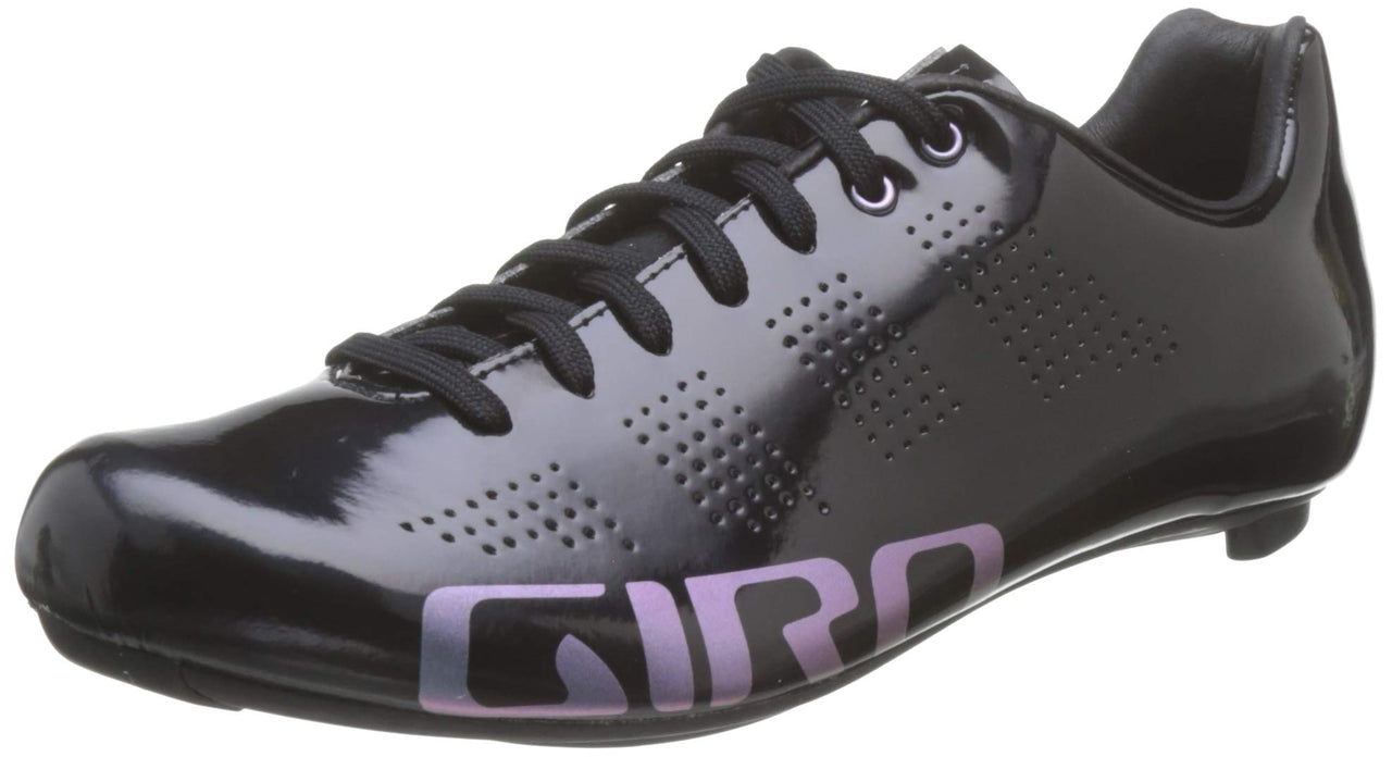 Black Giro cycling shoe, lace-up with perforated toe and purple logo panel
