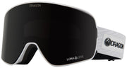 Dragon Alliance NFX2 snow goggles with dark lens and white frame, black strap