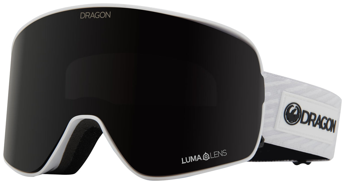 Dragon Alliance NFX2 snow goggles with dark lens and white frame, black strap