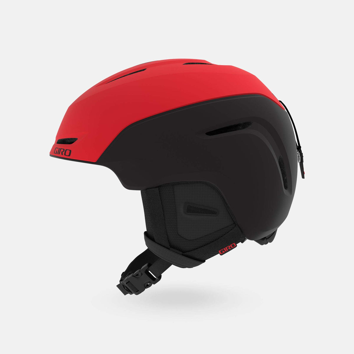 Giro Neo snow helmet with matte bright red shell and black goggle visor