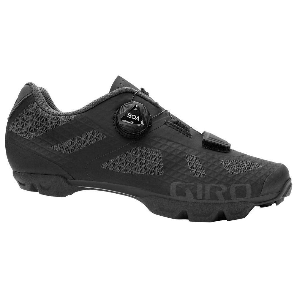Black cycling shoe with BOA dial closure, mesh texture upper, rugged sole