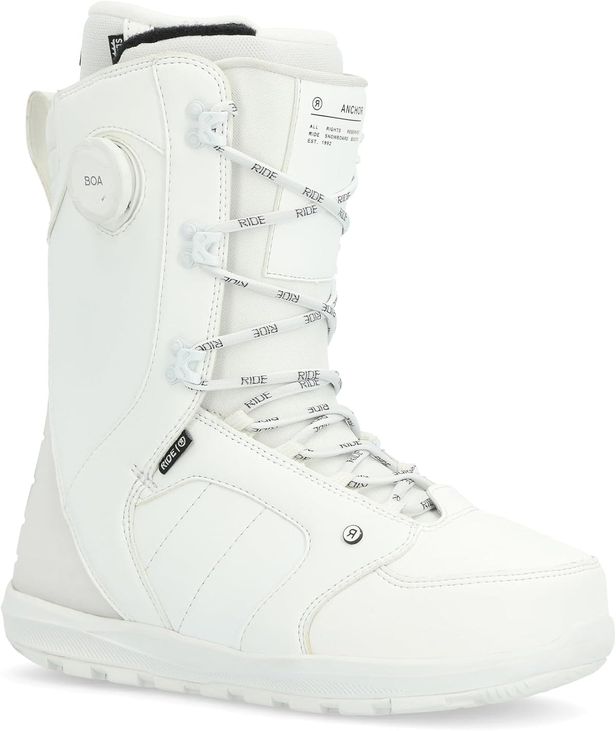 Men's white snowboard boots with BOA dial and lace-up front, padded ankle collar