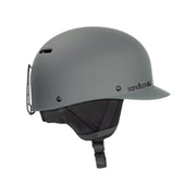 Dark gray matte snow helmet with chin strap and vented front shell