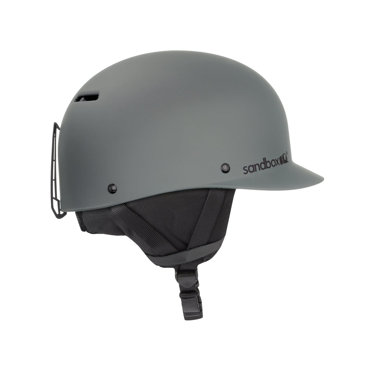 Dark gray matte snow helmet with chin strap and vented front shell