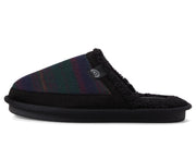 Black mule slipper with multicolor plaid upper and faux fur lining