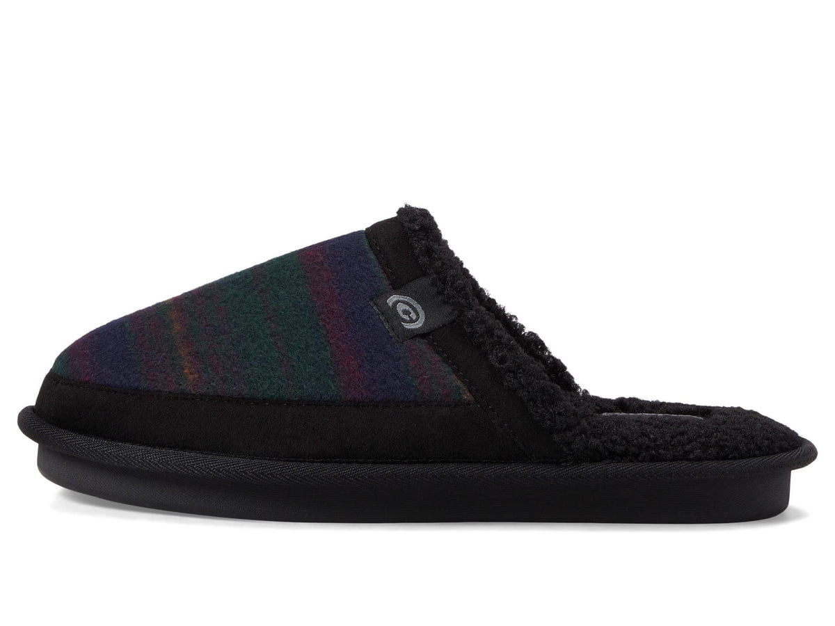 Black mule slipper with multicolor plaid upper and faux fur lining