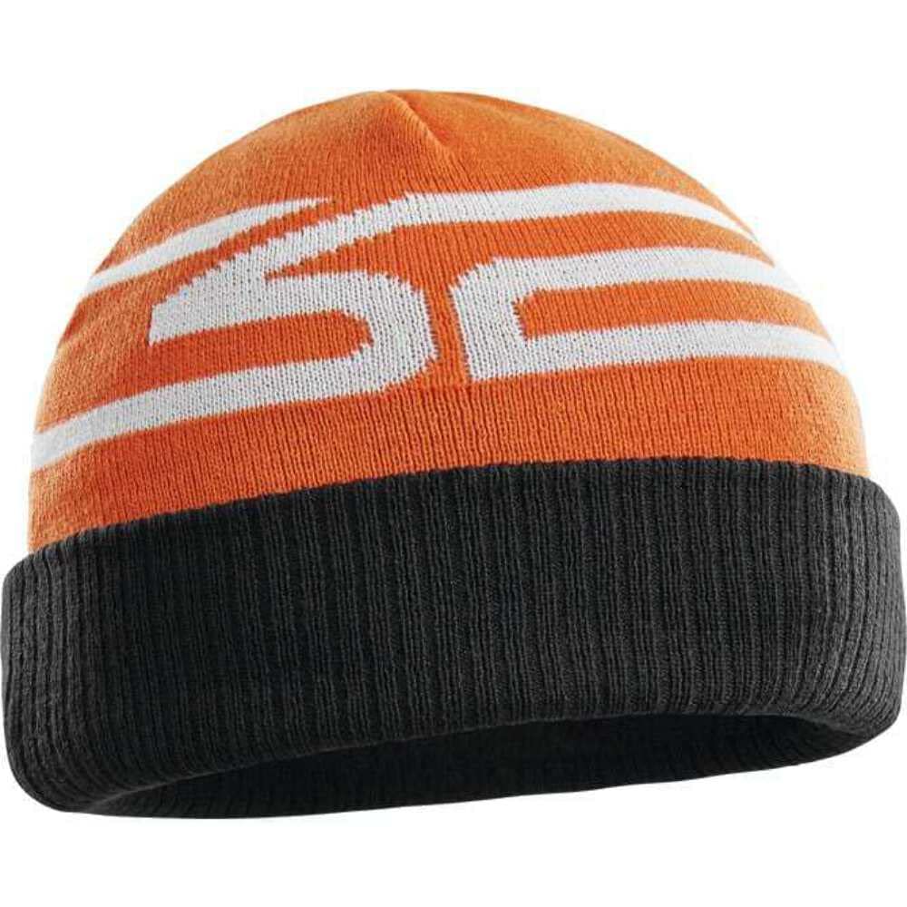 Ribbed knit beanie in orange with white logo stripes and black fold cuff