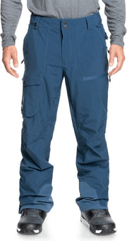 Men's blue snowboard pants with cargo pockets and snap waist tabs
