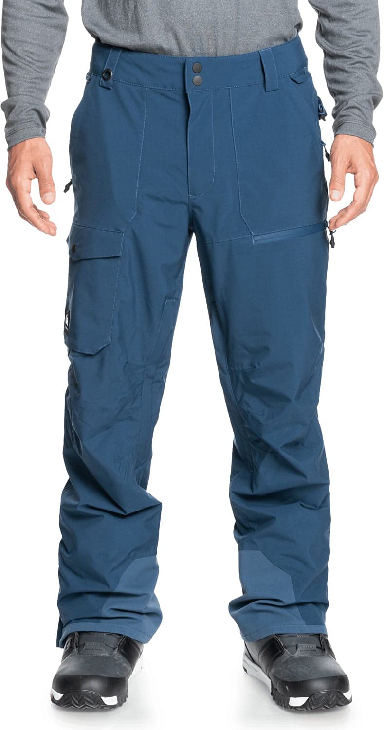 Men's blue snowboard pants with cargo pockets and snap waist tabs