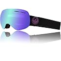 Snow goggles with purple mirrored lens and black strap
