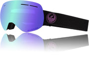 Snow goggles with purple-to-blue mirrored lens and black textured strap