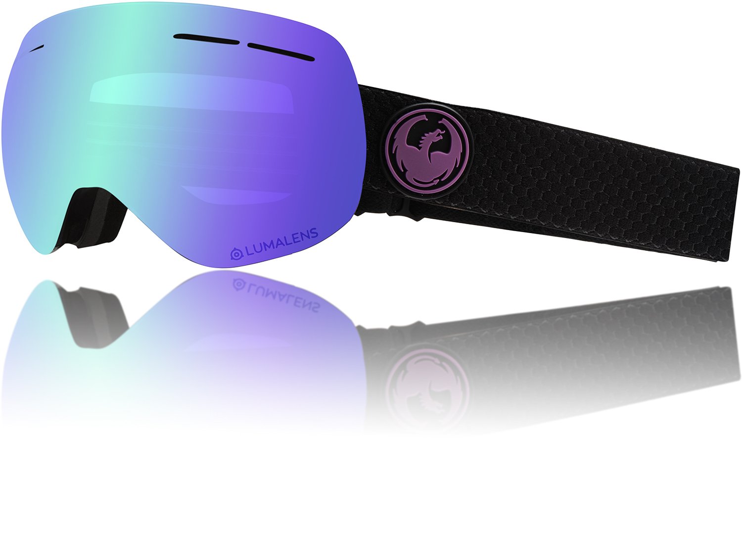 Snow goggles with purple-to-blue mirrored lens and black textured strap