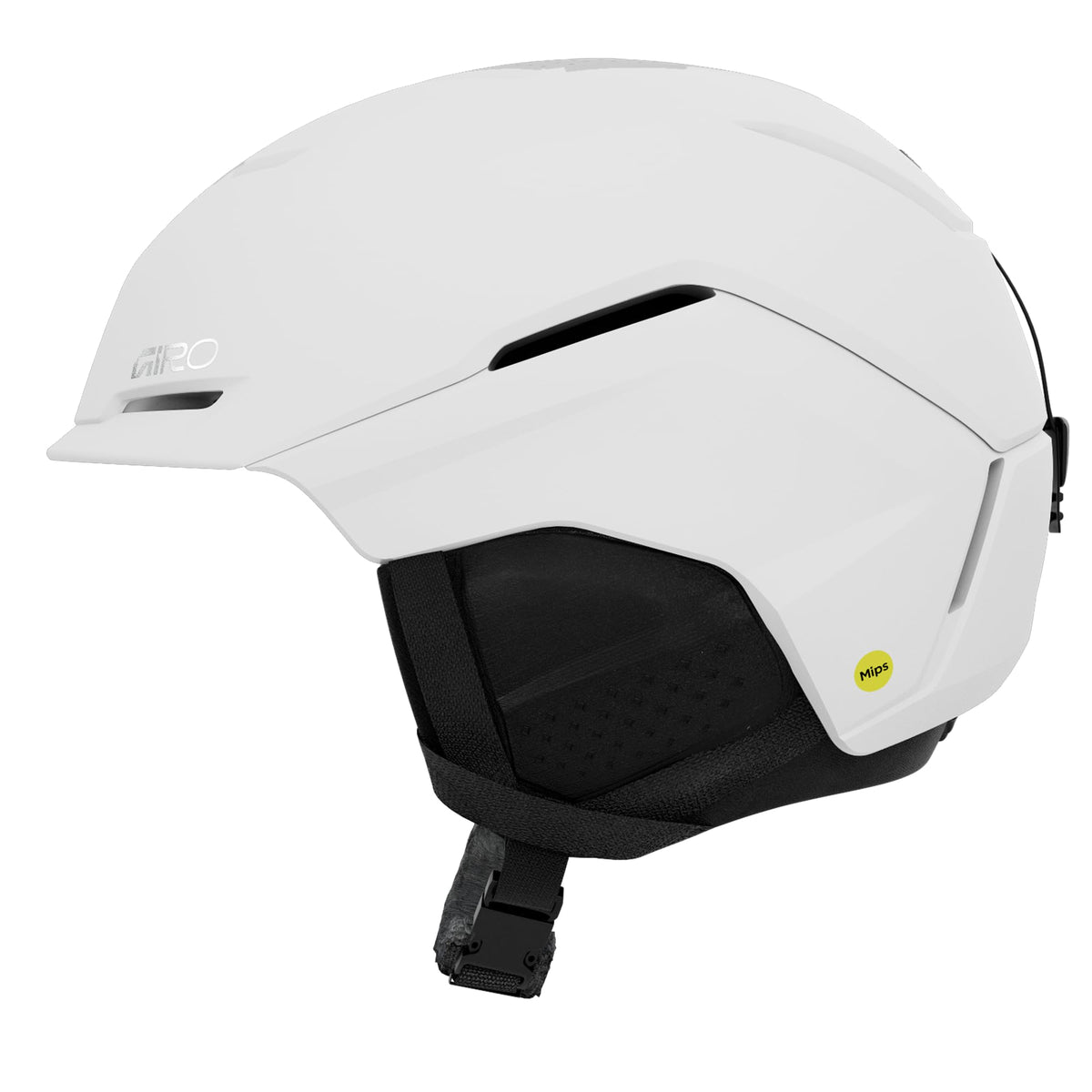 White Giro Tenet snow helmet with black shield and removable chin strap