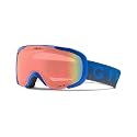 Blue snow goggles with red mirrored lens, compact side view