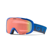 Blue snow goggles with red mirrored lens and Giro logo on strap