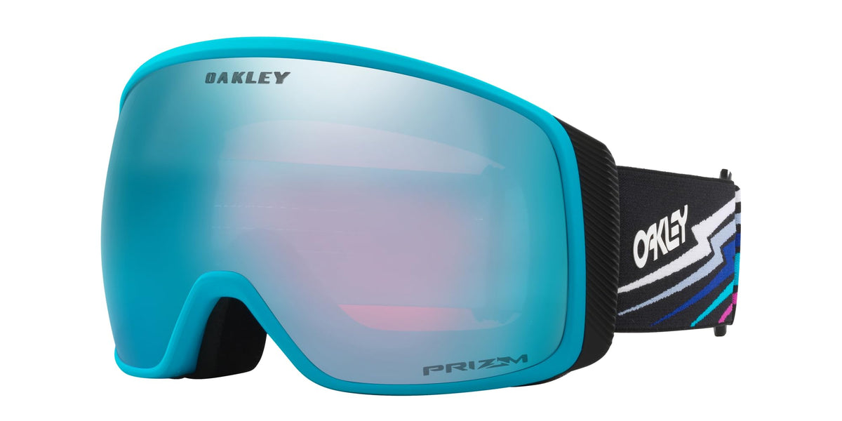 Oakley snow goggles with teal Prizm lens, black frame and adjustable strap.