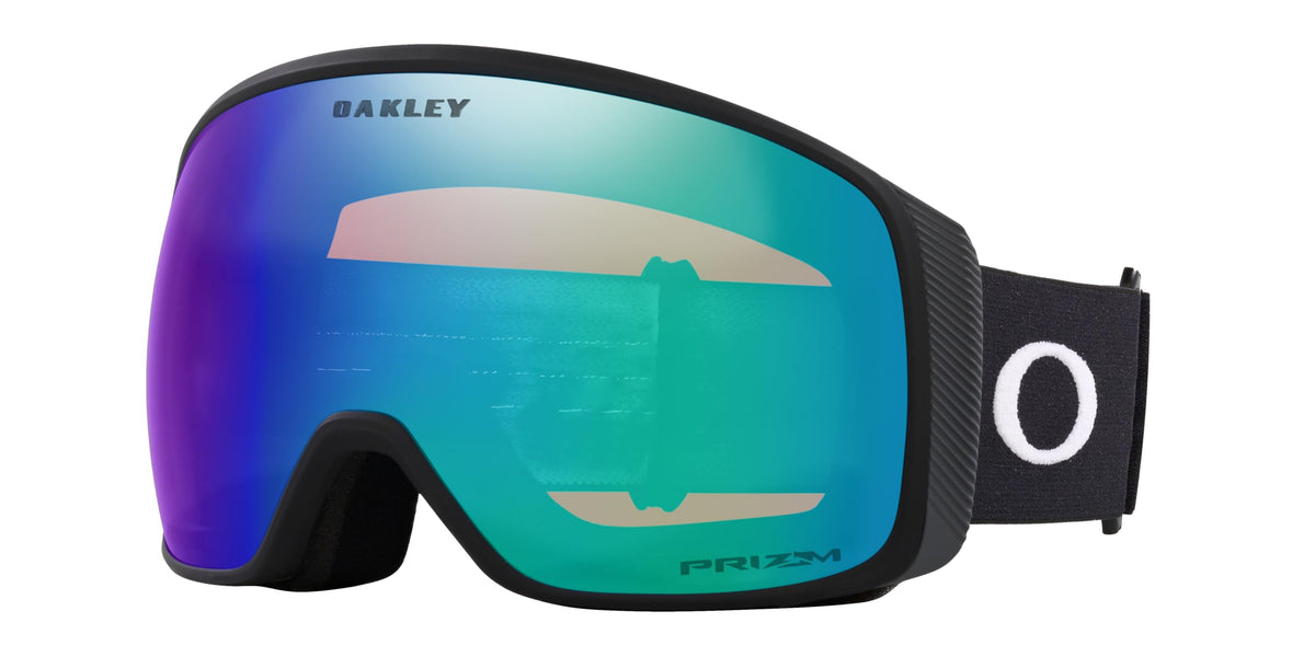 Oakley snow goggles with black frame and blue-green mirrored lens
