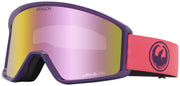 Purple snow goggles with gold-to-pink mirrored lens and red frame strap