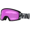 Black snow goggles with purple lens and leaf-pattern strap, side view