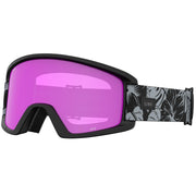 Black snow goggles with purple mirrored lens and black leaf-pattern strap