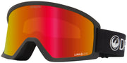Snow goggles with black frame, red-orange mirrored lens, and black adjustable strap