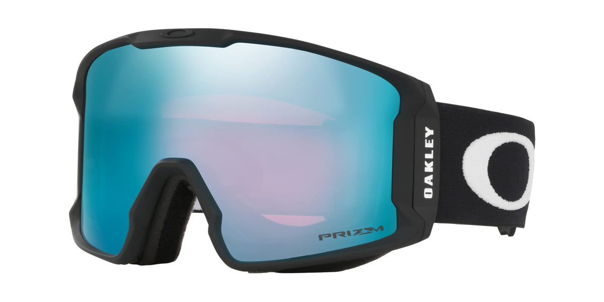 Oakley Line Miner snow goggles with teal mirrored lens, black frame and strap