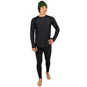 Black base layer pants, fitted long silhouette with elastic waistband