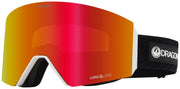 Snow goggles with orange-to-red mirrored lens and black frame, DRAGON branding, OTG design