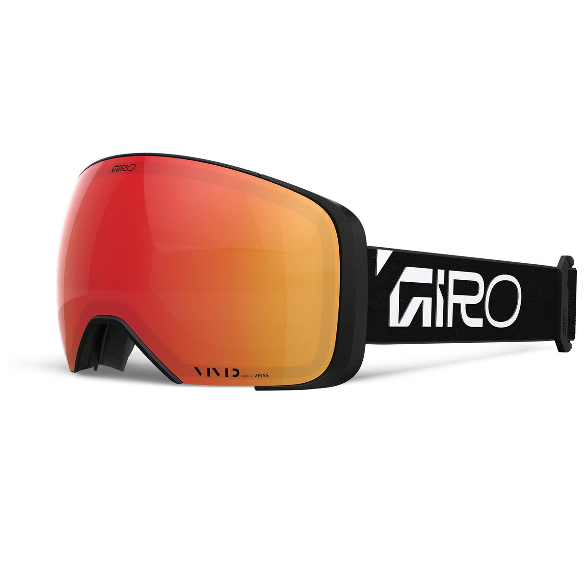 Giro snow goggles with black strap and red-orange mirrored lens