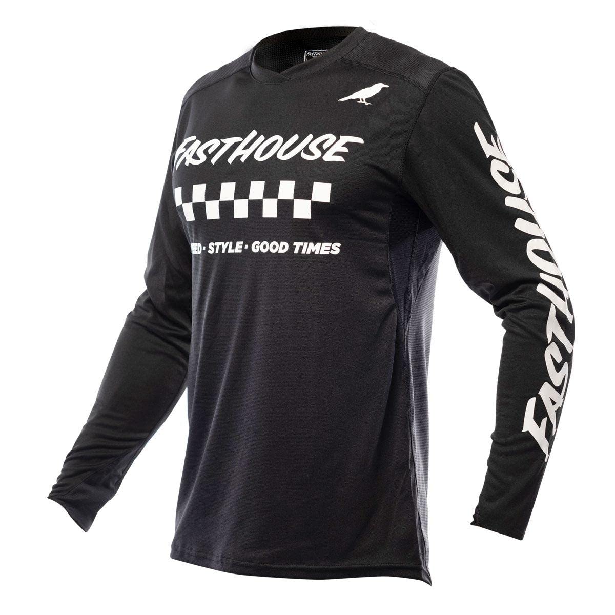 Black long-sleeve motocross jersey with Fasthouse logo and checkered graphic on chest