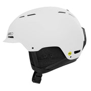 Snow helmet with matte white shell and black chin strap