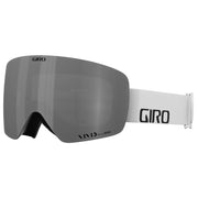 Snow goggles with gray-tinted lens and white frame strap, Giro logo on strap and lens.