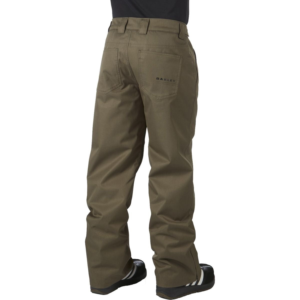 Ski pants, olive color, back view with waistband detail and rear pocket seams