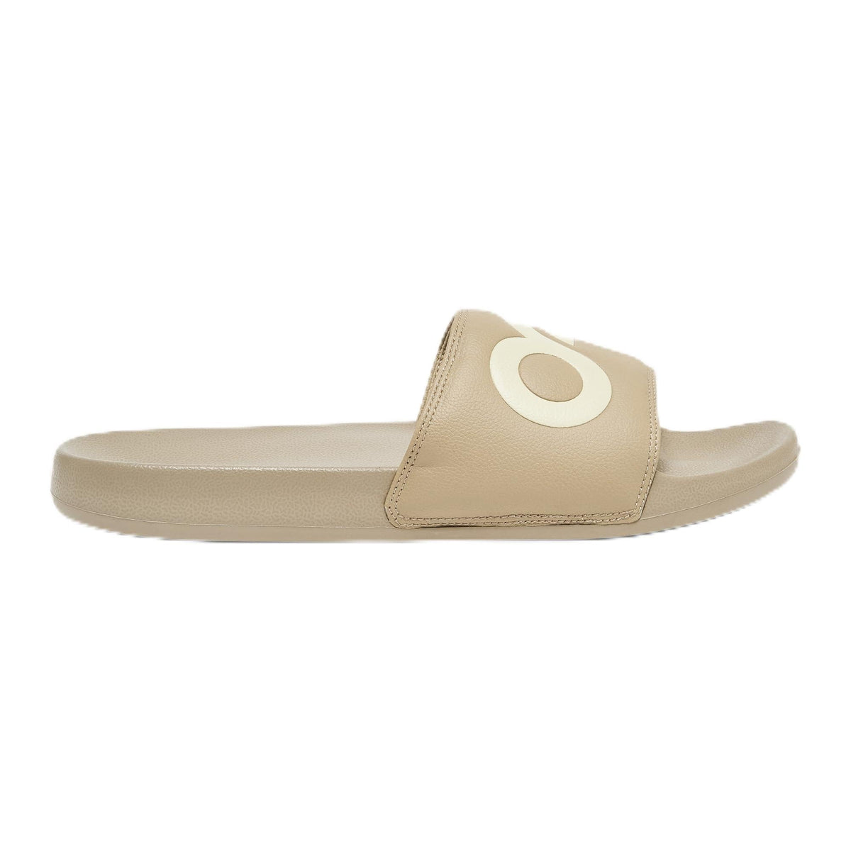 Men's slide sandals, tan leather-look upper with round Oakley logo patch