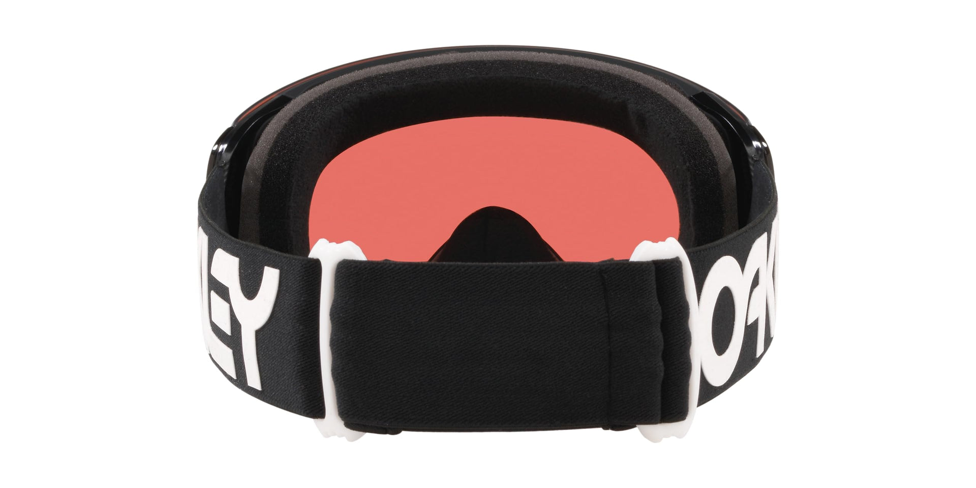 Black snow goggles with red Prizm lens and black strap with logo