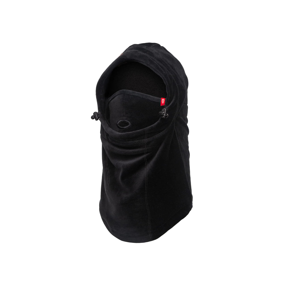 Dark fleece airhood face mask with adjustable ear/neck toggles and inner face opening