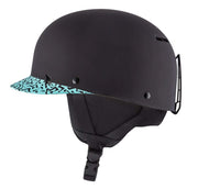 Matte black snow helmet with turquoise patterned front brim and chin strap.