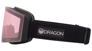 Snow goggles with pink/mauve mirrored lens and black strap, DRAGON logo centered