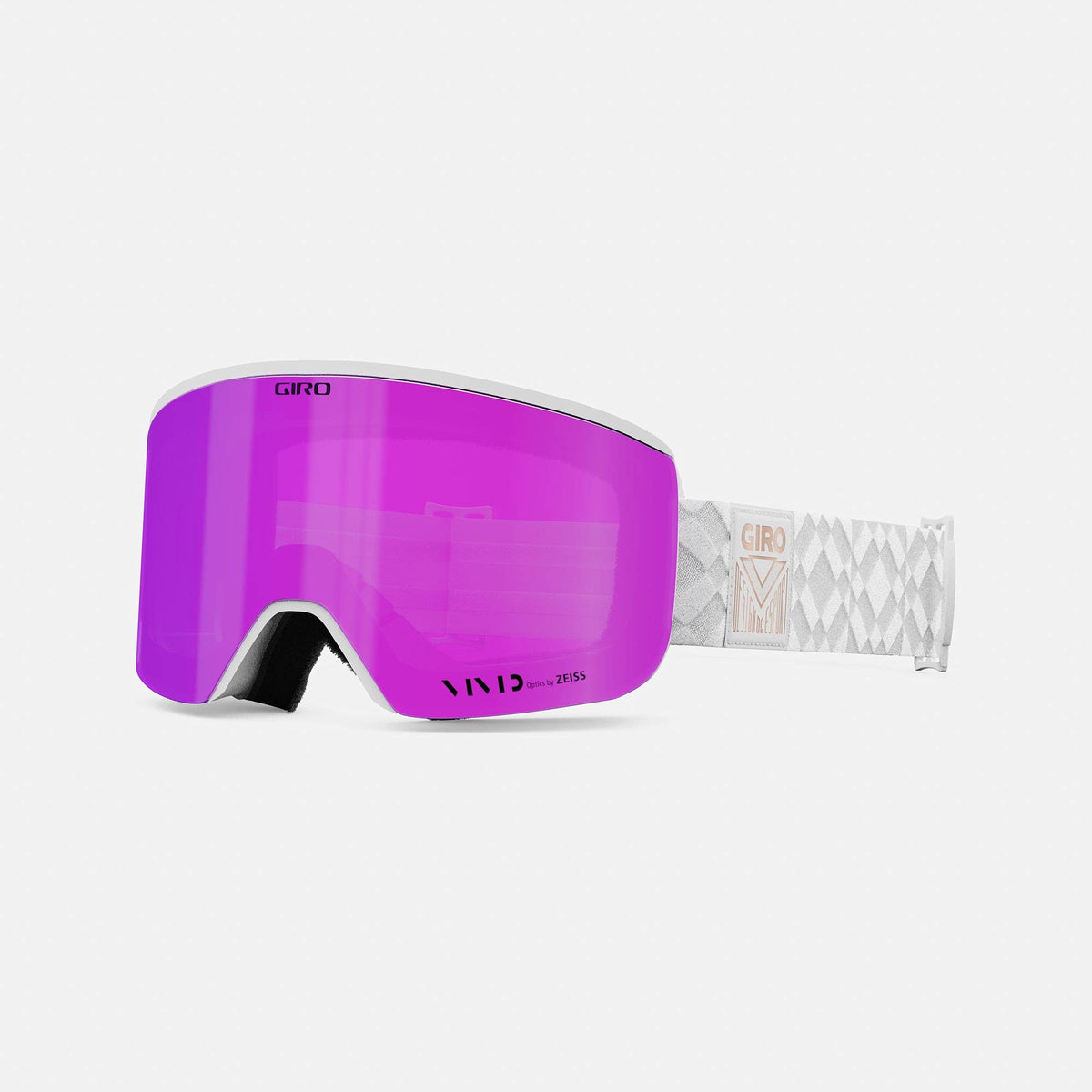 Giro Ella snow goggles with purple mirrored lens and light gray patterned strap