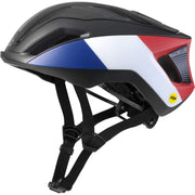White, red, and blue road bike helmet with black MIPS-style liner and chin straps
