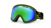 VonZipper snow goggles with green frame and mirrored blue lens, patterned black strap