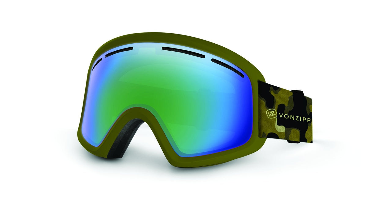 VonZipper snow goggles with green frame and mirrored blue lens, patterned black strap