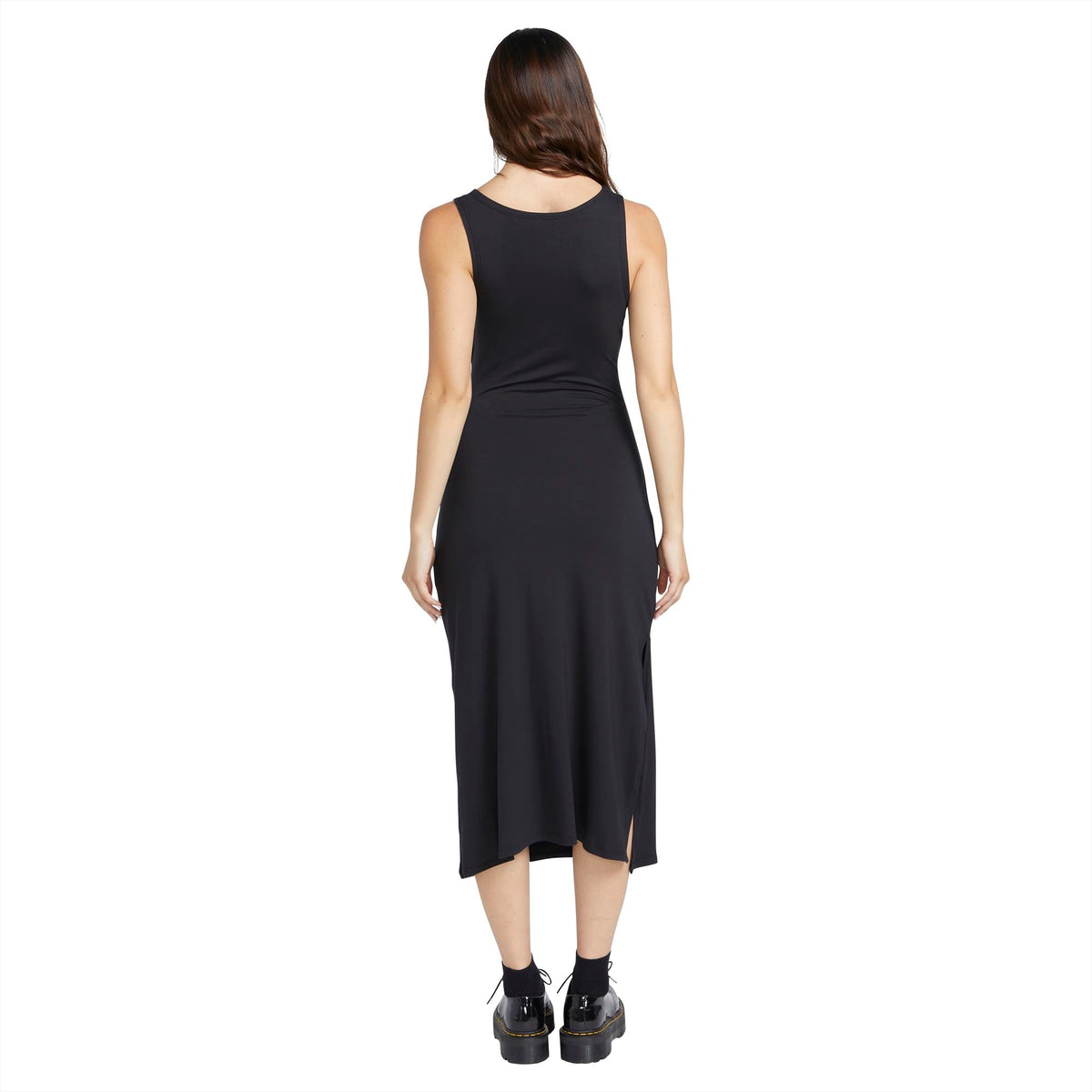 Black sleeveless midi dress, scoop back with diagonal seam and side slit